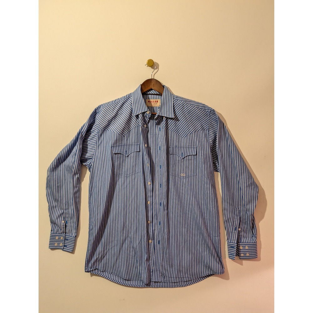Miller Ranch Western Shirt Mens XL Blue White Striped Excellent Cowboy Rodeo